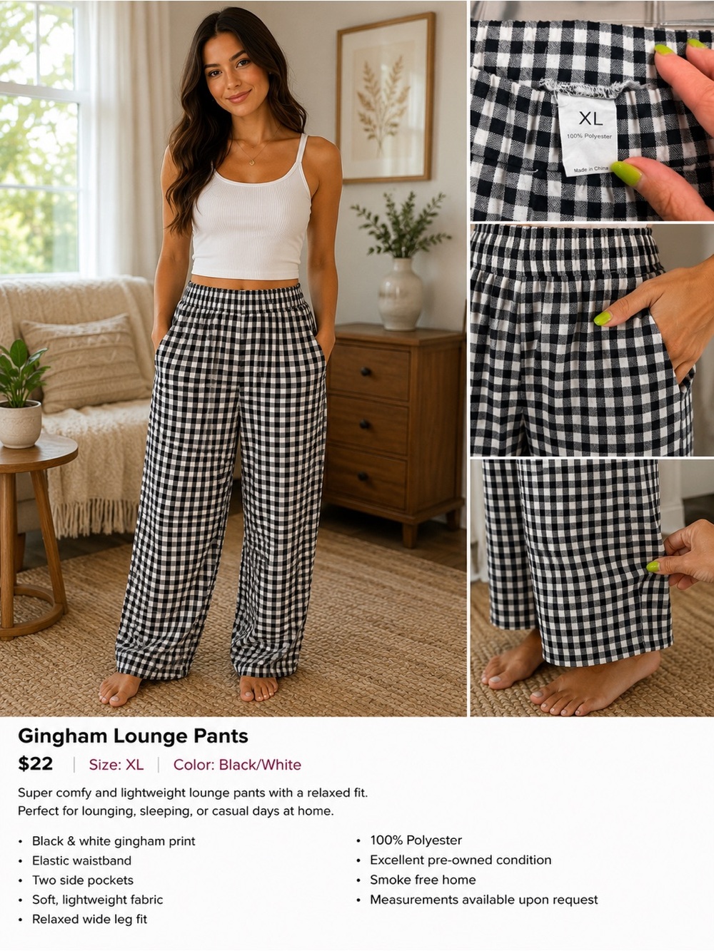 Black and White Gingham Wide-Leg Lounge Pants